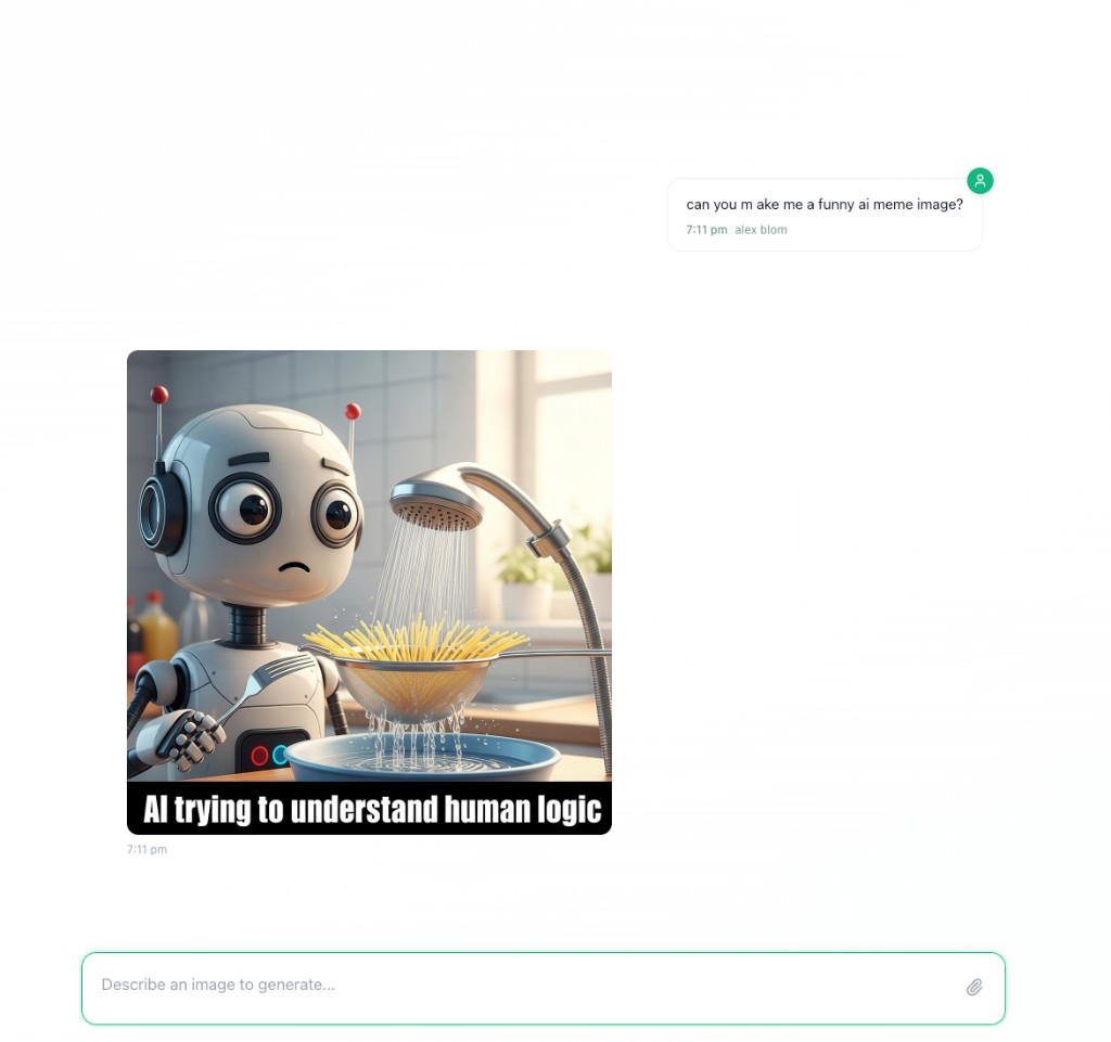 Chat image generation: a meme of a confused robot in a kitchen with the caption “AI trying to understand human logic”