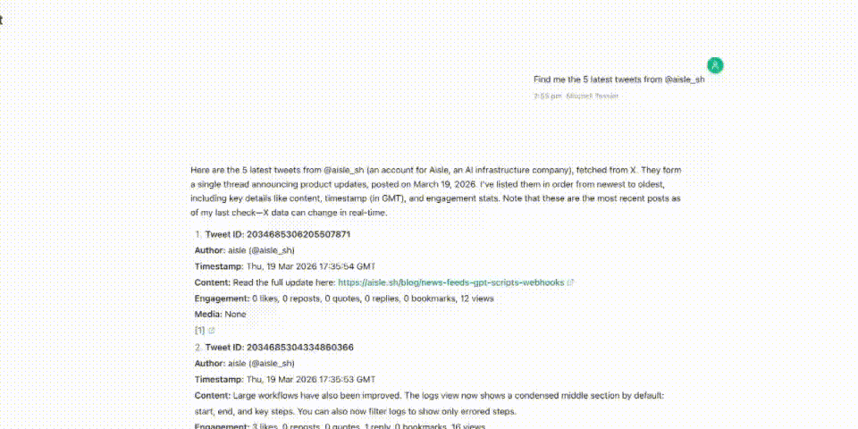 Animated screen recording: Chat using X Search to fetch recent tweets from @aisle_sh