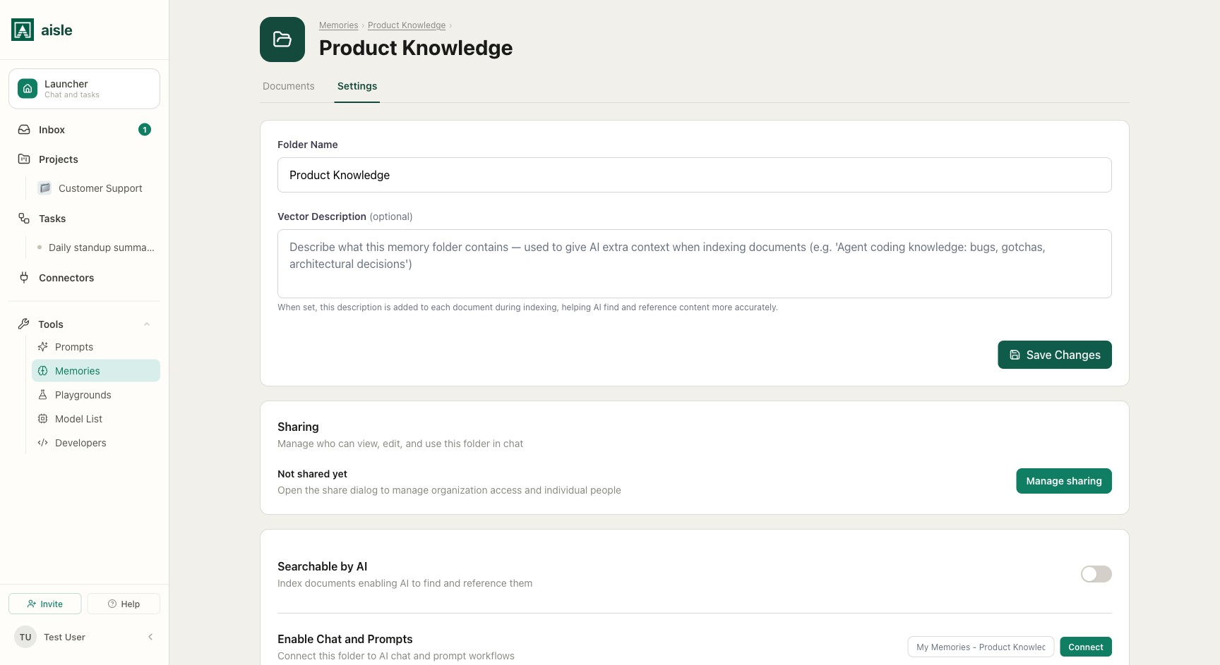 A folder's Settings: the "Searchable by AI" toggle, a vector description, and sharing