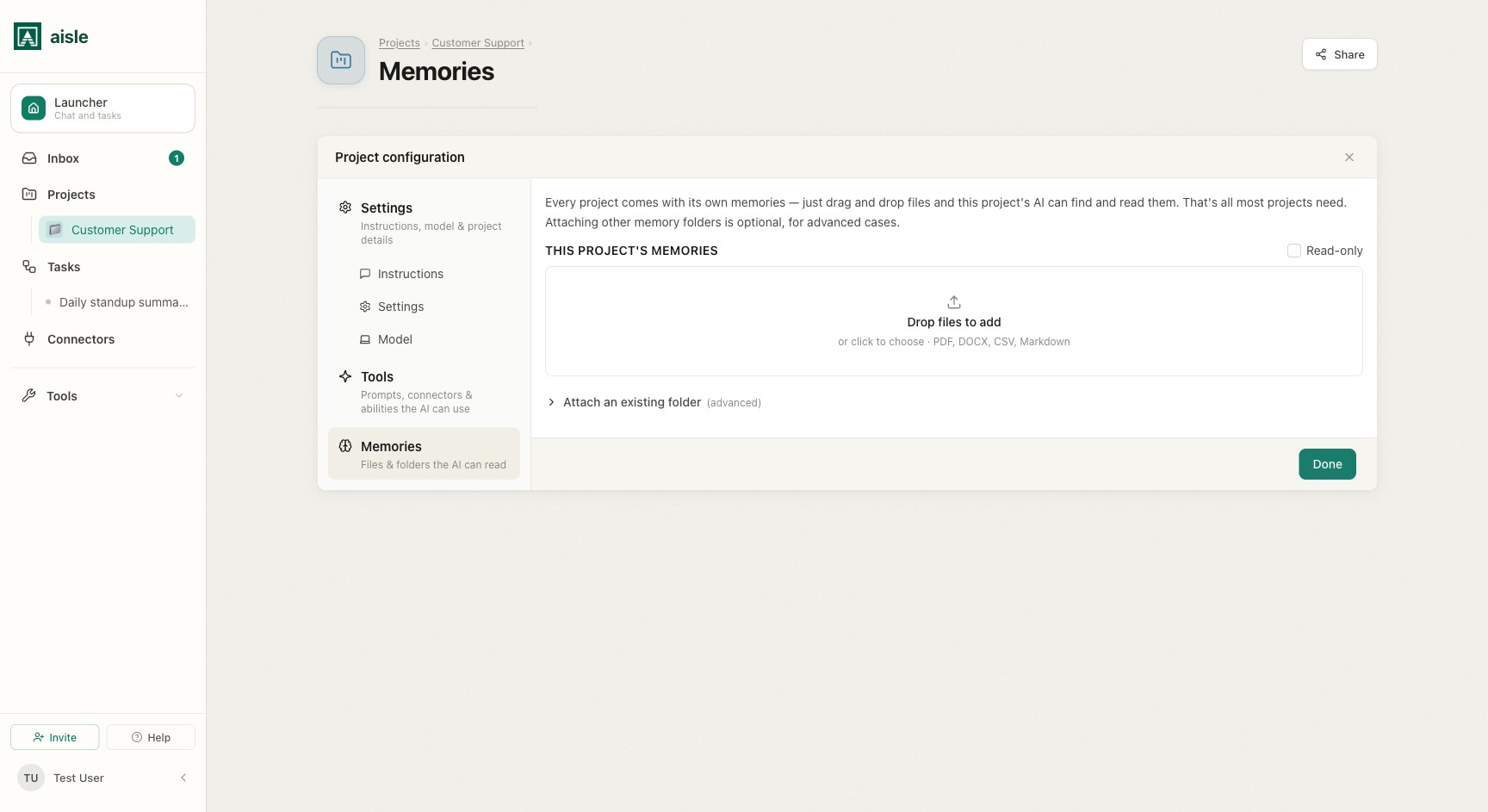 Assigning memory to a project: the project's own memories, a drop zone, and the read-only option