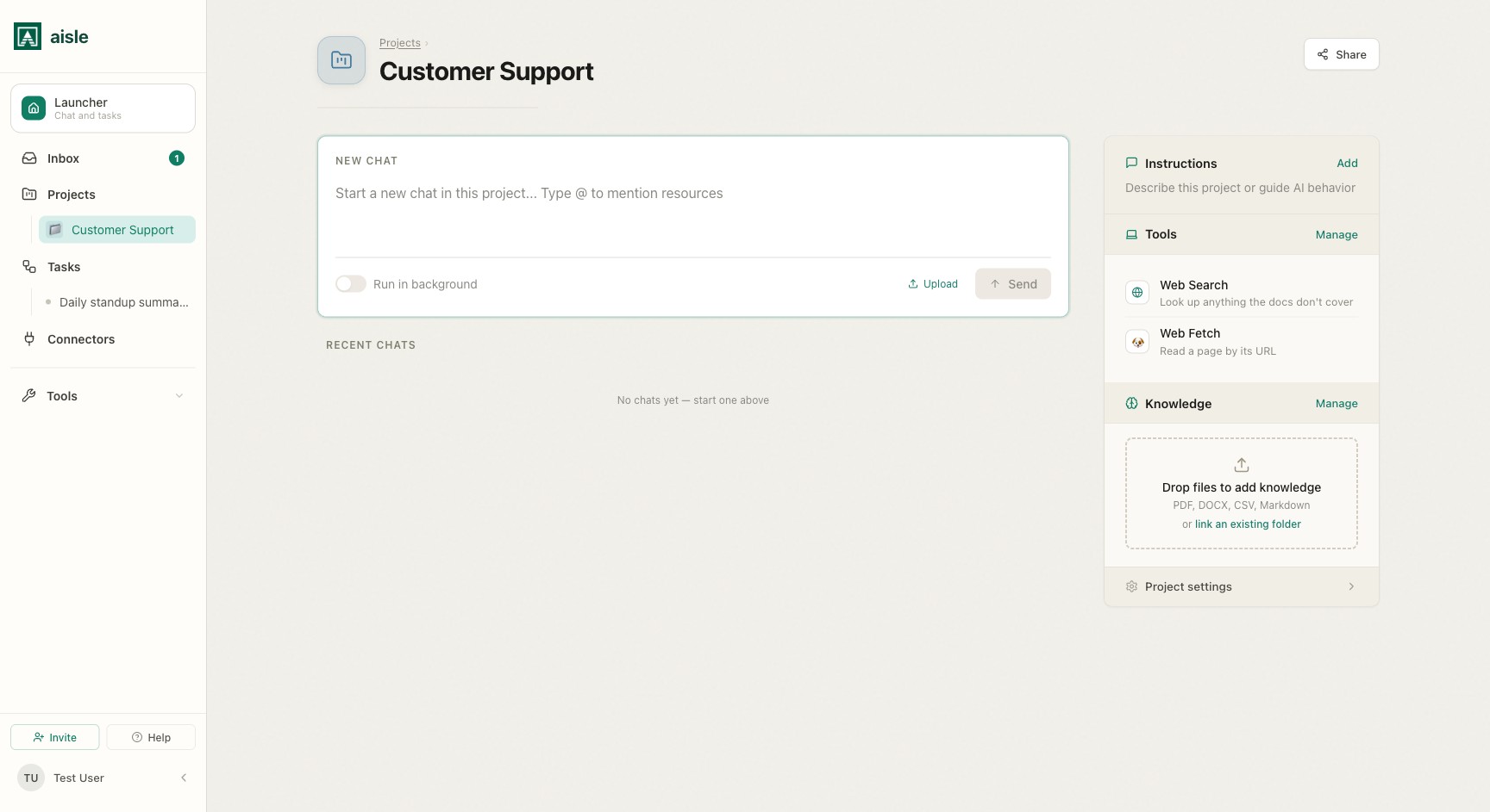 A project's Tools and Knowledge sections, each with a Manage button