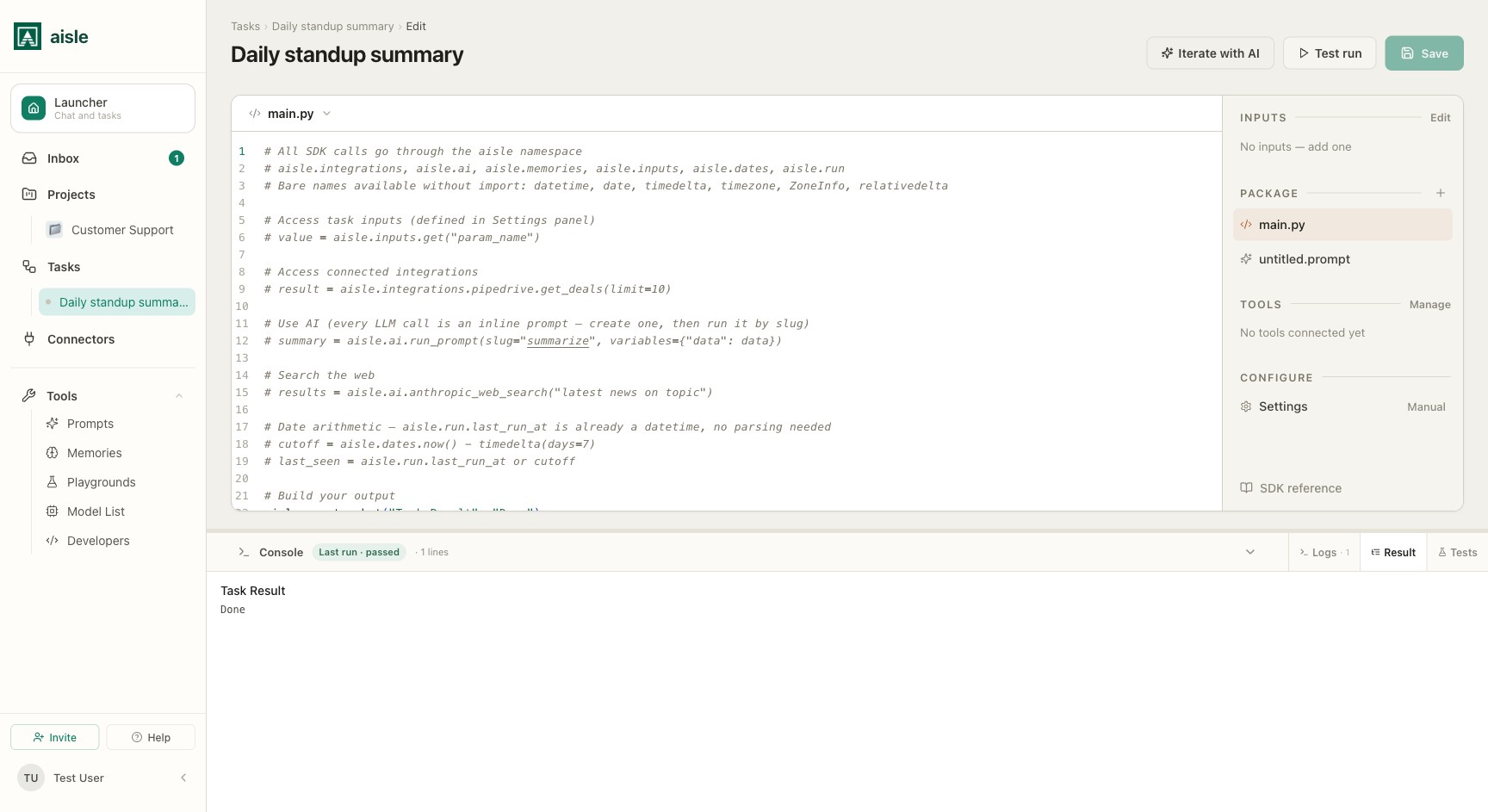 The editor Console after a run — the Logs, Result, and Tests tabs