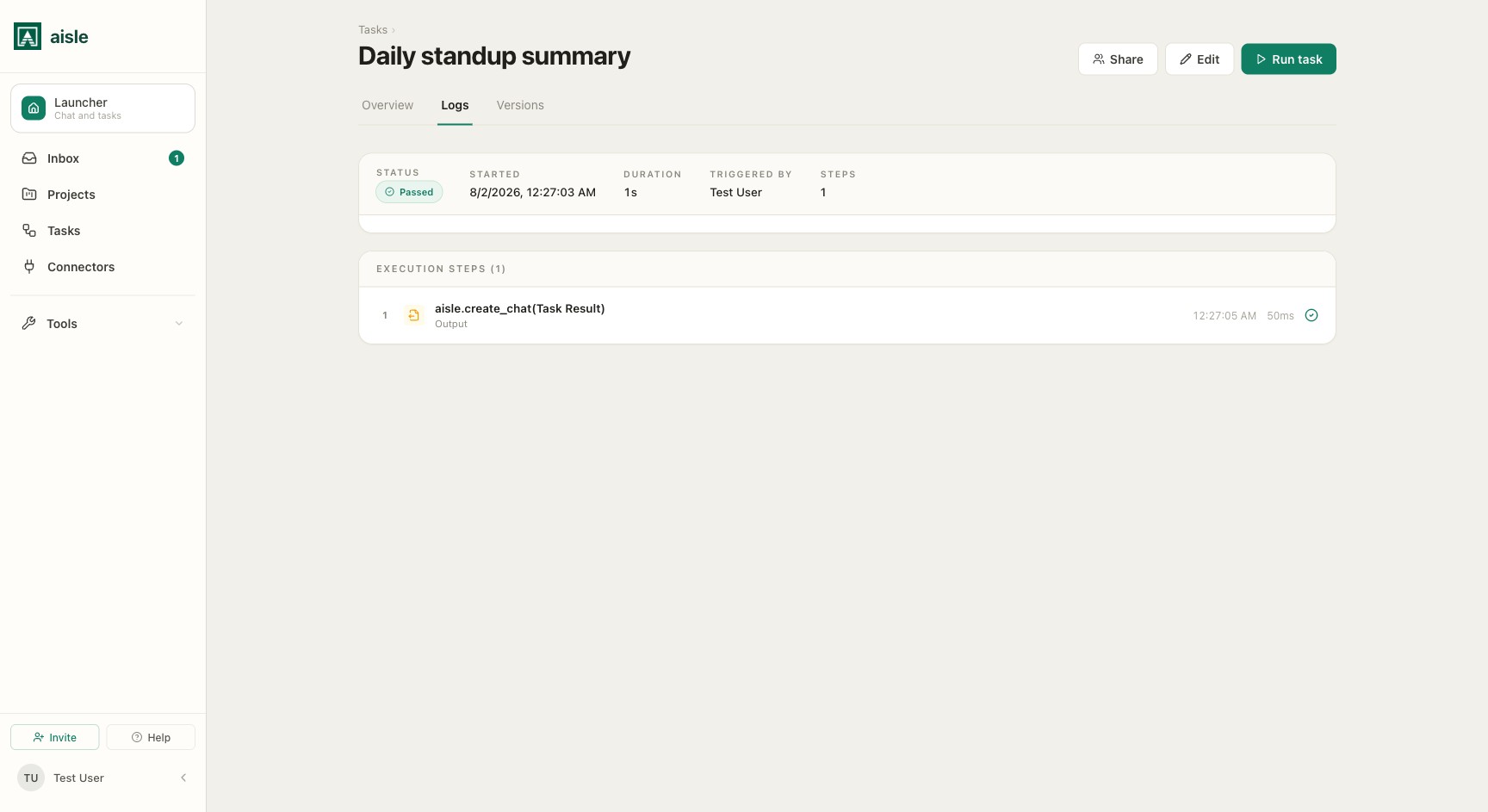 A run's execution detail: status, duration, trigger, and the step log