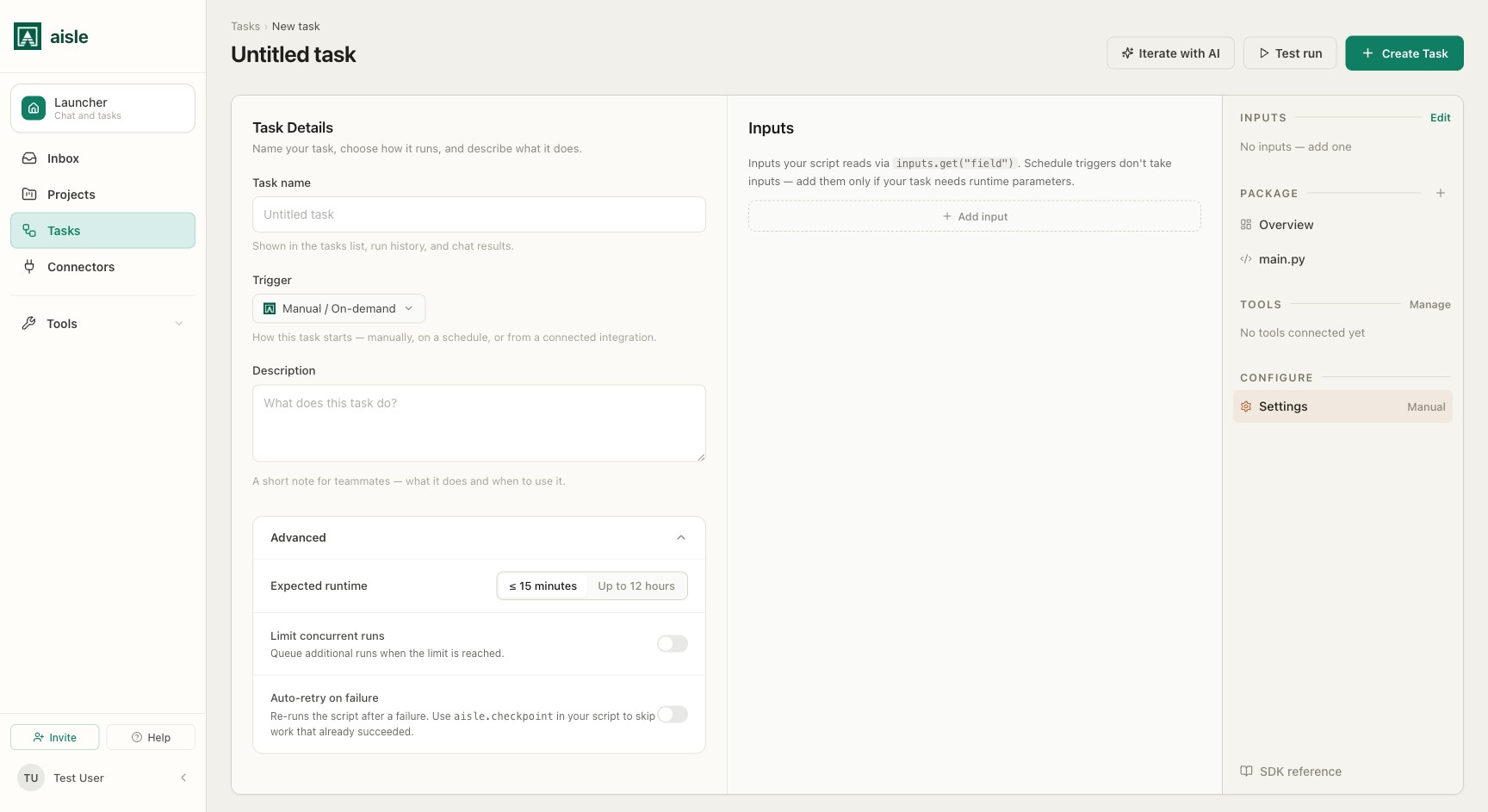 Task settings: Task Details and the expanded Advanced section (expected runtime, concurrency, auto-retry)