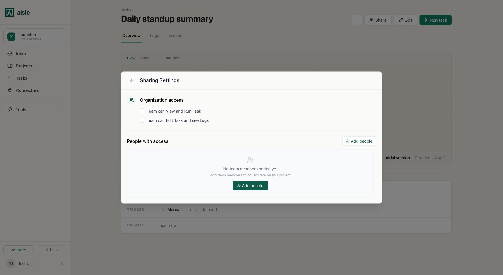The task sharing dialog: organization-wide access levels and per-person access