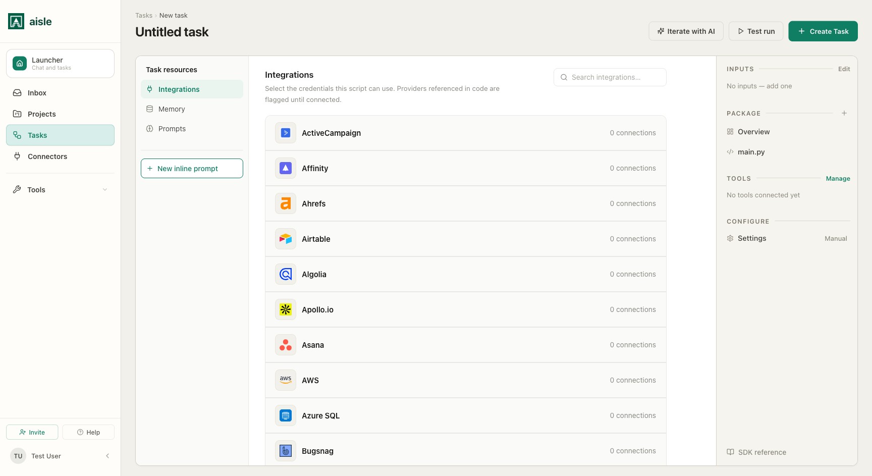 The Tools panel: selecting the integrations a task can use