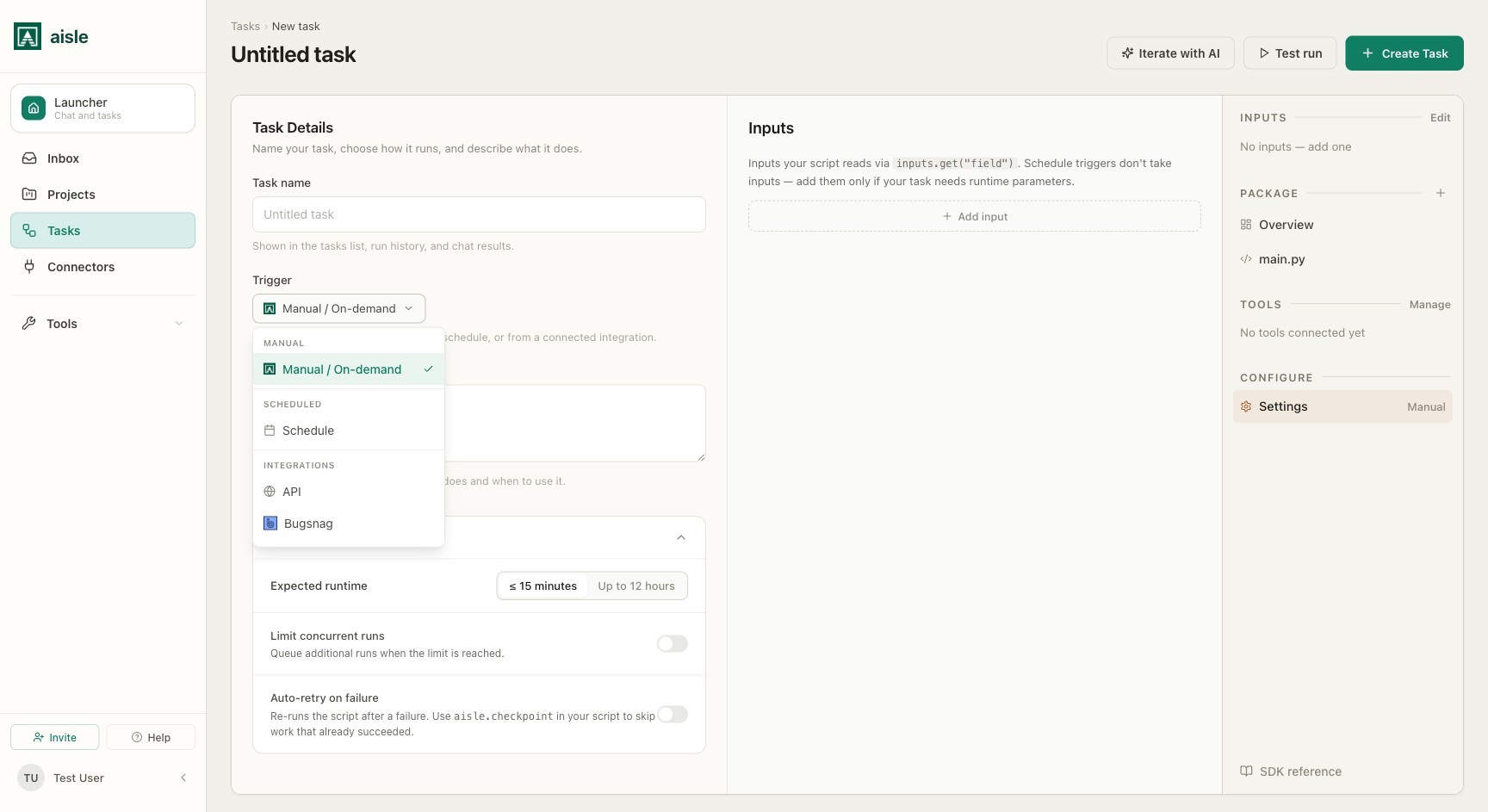The trigger picker: Manual, Schedule, API, and connected-integration events