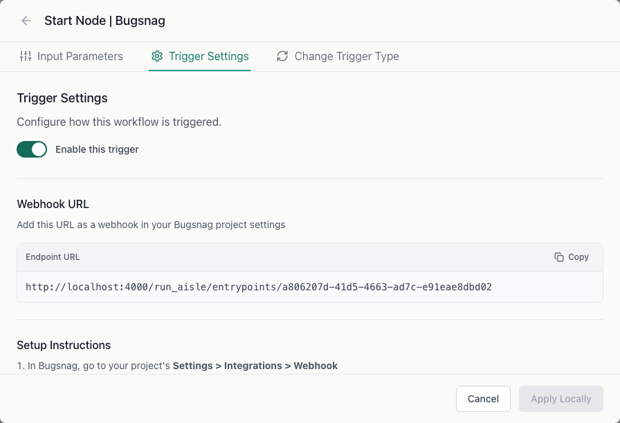 Bugsnag Webhook Trigger Settings