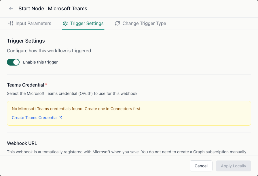 Microsoft Teams Webhook Trigger Settings