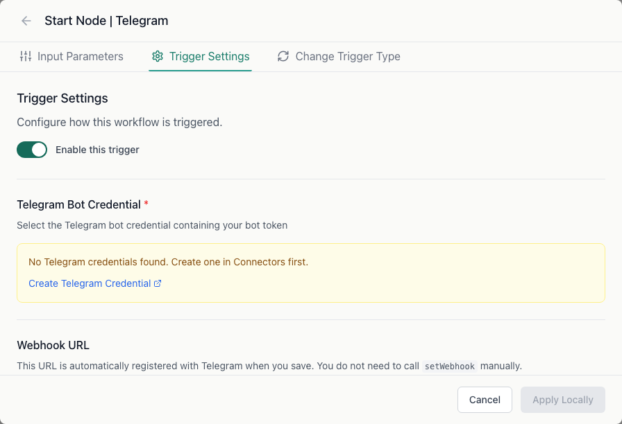 Telegram Webhook Trigger Settings